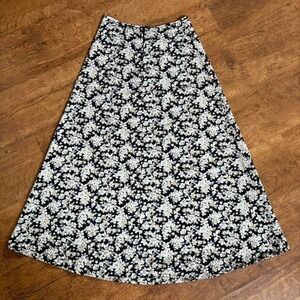 Vintage Ultimate Blues Black Floral Midi Skirt Cottagecore High Waist Womens 25